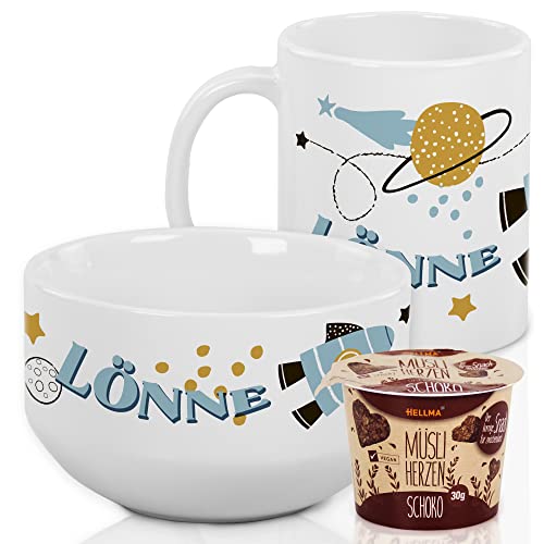 GRAZDesign Kindergeschirr Set Frühstücksset Kinder personalisiert mit Namen Müslischale mit Tasse 3-teiliges Geschirrset - Geschenk (Rakete im Weltall, Frühstücksset aus Keramik) von GRAZDesign