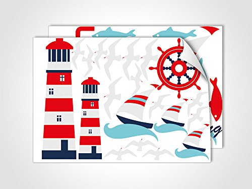 Leuchtturm Wandtattoo maritim Bad Badezimmer WC, Wasserfeste Fliesenaufkleber Fische, Dekoration Fliesentattoos Rot Blau Weiß/DIN A4 (2Stück) von GRAZDesign