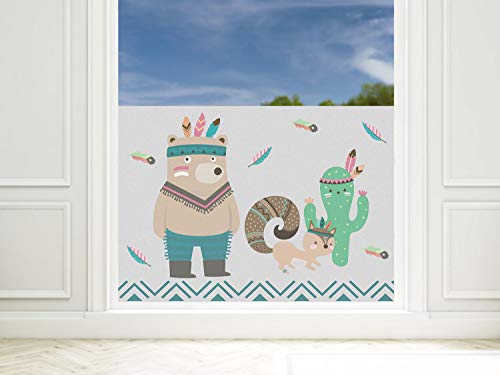 Sichtschutzfolie Kinderzimmer Junge Dinos, Fensterfolie Blickdicht, Milchglasfolie (Indianer Bär, 90x57cm) von GRAZDesign