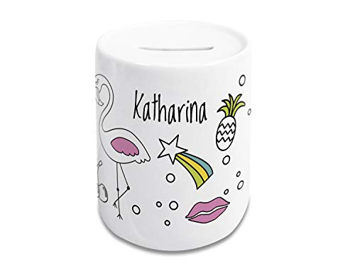 GRAZDesign Spardose Kinder mit Name Mädchen, Geschenk personalisiert Taufe, Geburtstag Motiv Regenbogen Flamingo Keramik von GRAZDesign