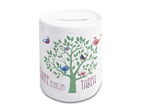 GRAZDesign Spardose Taufe Mädchen personalisiert mit Namen/Datum, Geschenk für Patenkind, Kinder, Baum mit Vögel von GRAZDesign