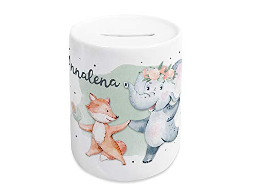 GRAZDesign Spardose mit Namen Kinder, Personalisiertes Baby-Geschenk zur Geburt, Taufe, Weihnachten Elefant mit Fuchs von GRAZDesign