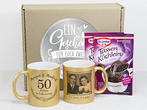 GRAZDesign Tasse Goldene Hochzeit, Geschenk-Idee zur Hochzeitstag, Geschenkset (50 Jahre in Liebe mit Foto) von GRAZDesign