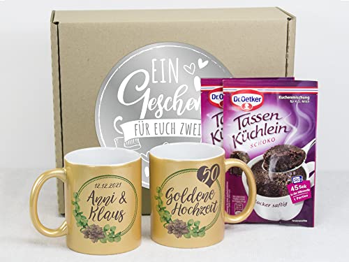 GRAZDesign Goldene Hochzeit Geschenke für Eltern | Tassen Set - zwei goldene Kaffeebecher mit Tassenkuchen und Geschenkbox | Idee zur Hochzeitstag, Geschenkset, Keramik, 330ml von GRAZDesign