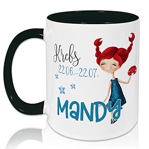 GRAZDesign Tasse Horoskop, Sternzeichen Krebs mit Datum und Namen, personalisiert, Keramiktasse Innen Schwarz, Außen weiß (Krebs) von GRAZDesign