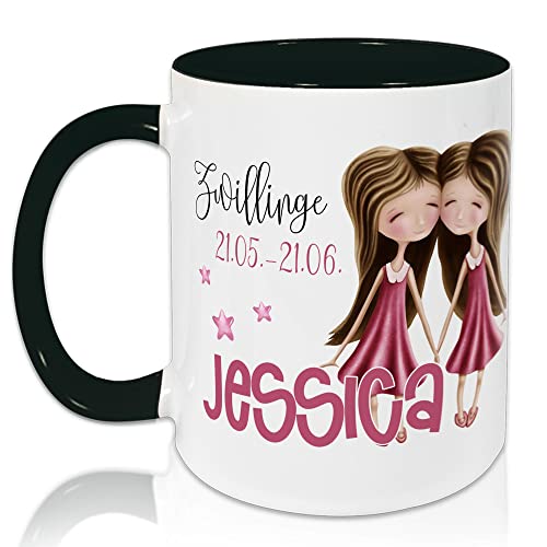 GRAZDesign Tasse Horoskop, Sternzeichen Zwillinge mit Datum und Namen, personalisiert, Keramiktasse Innen Schwarz, Außen weiß (Zwillinge) von GRAZDesign