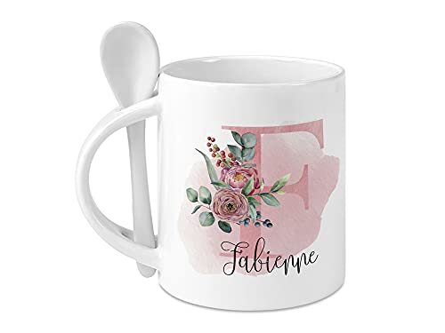 GRAZDesign Tasse weiß mit Löffel, Wunschname & Initiale mit Pfingstrose, Löffeltasse Keramik 330ml von GRAZDesign