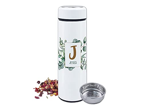 GRAZDesign Teeflasche mit Sieb to go, Thermobecher personalisiert mit Namen, Teebecher Teekanne mit Siebeinsatz, Thermosflasche Edelstahl 500ml Motiv Eukalyptus von GRAZDesign