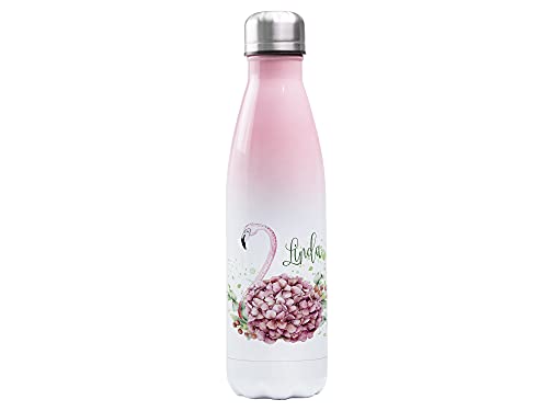 GRAZDesign Thermosflasche 500ml mit Namen personalisiert aus Edelstahl, Rosa-Weiß, Trinkflasche für Frauen, Mädchen Motiv Schmetterling Mandala (Flamingo Schwan mit Blumen, 500ml Rosa-Weiß) von GRAZDesign