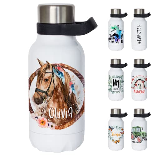 GRAZDesign Pferde Thermosflasche mit Henkel - Trinkflasche personalisiert mit Namen, auslaufsicher zur Einschulung, Wasserflasche BPA-frei, Edelstahl, Kohlensäure geeignet 380ml von GRAZDesign