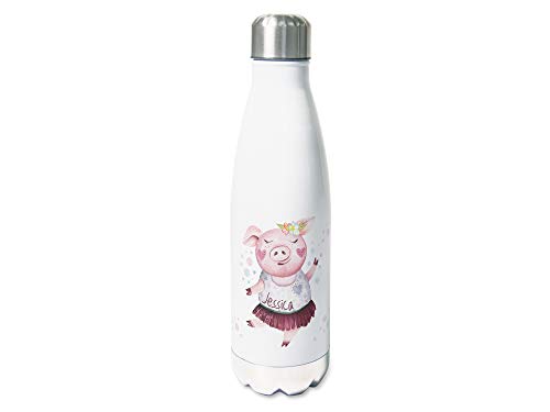 GRAZDesign Trinkflasche Edelstahl personalisiert Name, auslaufsicher Einschulung Geschenk, Thermosflasche Sportflasche Kinder/Erwachsene 500ml Motiv rosa Schweinchen von GRAZDesign