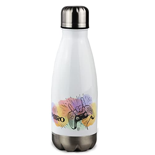 GRAZDesign Trinkflasche Kinder personalisiert Name, Einschulung Geschenk Geschenkideen für Schulanfänger, Thermosflasche Junge Edelstahl 350ml Gamer von GRAZDesign