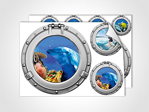 Wandtattoo Bad Badezimmer WC, Wandsticker Fliesensticker maritim Bullauge Set, Maritime Dekoration Fliesentattoos Unterwasserwelt/DIN A4 (2Stück) von GRAZDesign