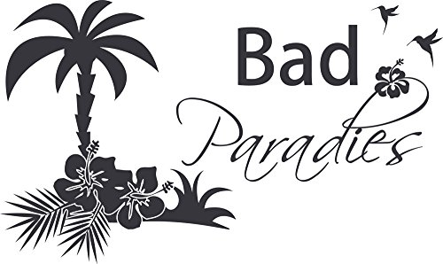 Wandtattoo Badezimmer Sprüche Paradies mit Palme Wandtattoos Aufkleber Bad Deko, Wandsticker selbstklebend für Fliesen und Wand, Türaufkleber, 50x30cm, 073 dunkelgrau von GRAZDesign