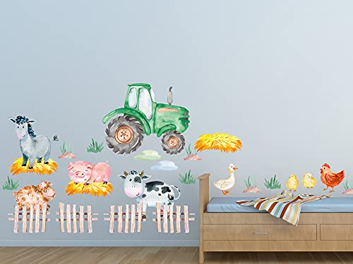 GRAZDesign Wandtattoo Traktor Kinderzimmer Junge, Trecker grün Tiere Kuh Schwein Schaf Bauernhof Stroh Wandsticker Babyzimmer 100x57cm von GRAZDesign