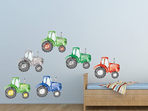 GRAZDesign Wandtattoo Kinderzimmer Junge | Traktor 6 Stück Rot grün grau blau Trecker Bauernhof | Wandsticker Babyzimmer | Wand Deko zum Aufkleben selbstklebend 100x57cm von GRAZDesign