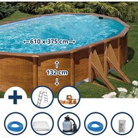 GRE - Stahlwandpool Set (7-teilig) hoch oval 610 x 375 x 132 cm, Stahl 0,45 mm Holzoptik Folie 0,4 mm blau von GRE