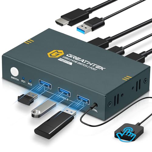 4K60Hz USB 3.0 HDMI KVM Switch 2 PC 1 Monitore, KVM-Switches für 2 Computer teilen sich 1 Satz Drucker Maus Tastatur, Mit 3 USB3.0 Ports, Inklusive 2 USB 3.0 Kabel von GREATHTEK