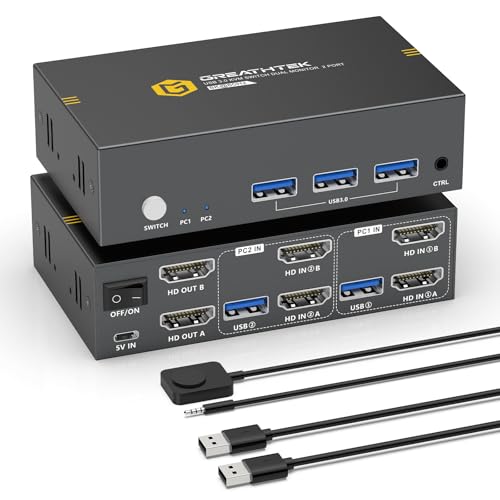 8K60Hz, USB 3.0 KVM Switch 2 PC 2 Monitore, 4K240Hz HDMI KVM Switches für 2 PCs, Gemeinsame Nutzung von 3 USB Geräten, Unterstützung für Kopieren und Erweitern, HDMI 2.1, EDID, mit Desktop Controller 8K60Hz, USB 3.0 KVM Switch 2 PC 2 Monitore, 4K240Hz HDMI KVM Switches für 2 PCs, Gemeinsame Nutzung von 3 USB Geräten, Unterstützung für Kopieren und Erweitern, HDMI 2.1, EDID, mit Desktop Controller von GREATHTEK