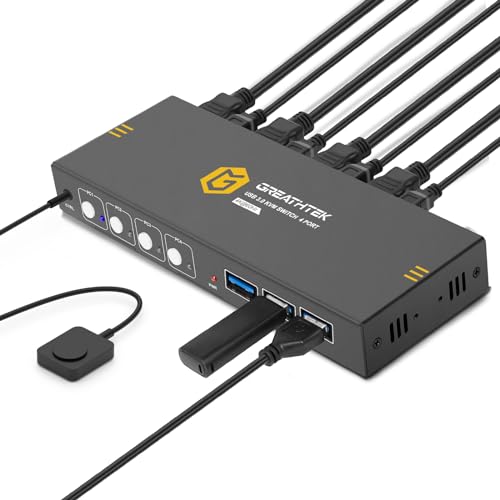 USB 3.0 KVM Switch HDMI 4 Ports, 4K@60Hz KVM Switch 4 PC 1 Monitor Switch, Unterstützt HDMI2.0, HDCP2.2, HDMI KVM-Switches Mit 1 HDMI-Kabeln und 4 USB 3.0 Kabeln, EDID Adaptiv von GREATHTEK