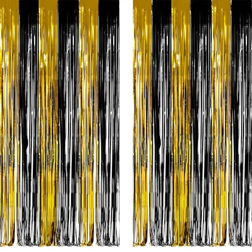 GREATRIL Abschluss Lametta Vorhang Schwarz Gold - Luftschlangen Mann Geburtstag Vorhang Metallic Fotowand Hintergrund für Abi 2025 Männer BVB Geburtstag Abi Rente Hollywood Gatsby Silvester Party von GREATRIL