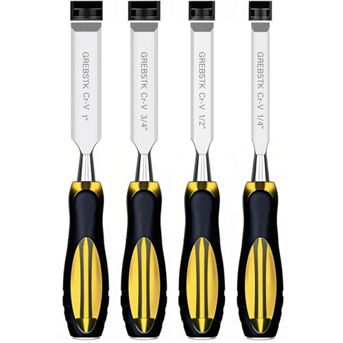 GREBSTK Holz MeiÃŸel Set für Holzbearbeitung, 4 tlg. Chrom Vanadium Stahl Schräge Kante Bank MeiÃŸel mit Kappe, bequemer extra groÃŸer PVC High Impact Griff von GREBSTK