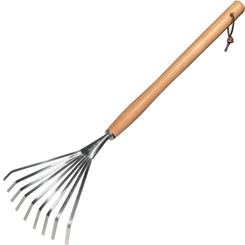 GREBSTK Handrechen aus Edelstahl, Buchenholzgriff, Bodenfliese, Garten, Strauchrechen, Laubrechen, 62,2 cm von GREBSTK