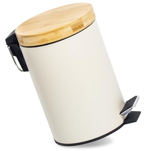 GREELUE 3L Mülleimer Bad mit Holzdeckel, Kosmetikeimer mit Absenkautomatik (Soft Close), Badezimmer eimer, Abfalleimer Bad (Beige 3L) von GREELUE