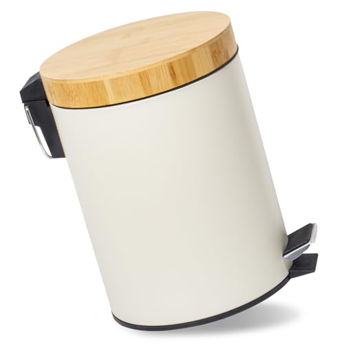 GREELUE 5L Mülleimer Bad mit Holzdeckel, Kosmetikeimer mit Absenkautomatik (Soft Close), Badezimmer eimer, Abfalleimer Bad (Beige 5L) von GREELUE