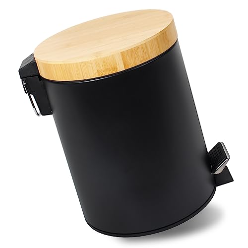 GREELUE 5L Mülleimer Bad mit Holzdeckel, Kosmetikeimer mit Absenkautomatik (Soft Close), Badezimmer eimer, Abfalleimer Bad (Schwarz 5L) von GREELUE