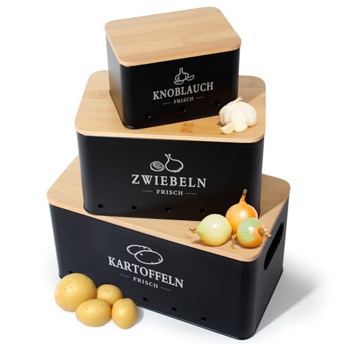 GREELUE Kartoffel Aufbewahrungsbox 3er Set, 360° Luftzirkulation für längere Frische, Für Zwiebeln, Kartoffeln, Knoblauch Schwarz GREELUE Kartoffel Aufbewahrungsbox 3er Set, 360° Luftzirkulation für längere Frische, Für Zwiebeln, Kartoffeln, Knoblauch Schwarz von GREELUE