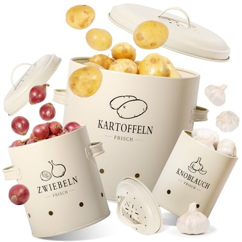 GREELUE Premium Kartoffel Aufbewahrungsbox [3er Set], Kartoffeln, Zwiebeln und Knoblauch Aufbewahrung, Hält Gemüse Länger Frisch (SET01-Beige) von GREELUE