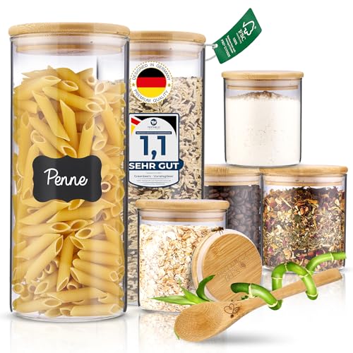 GREEN BEE`S 6er Set Vorratsglas groß - 2x1400ml & 4x650ml - Passgenau für Schublade & Apothekerschrank - Nachhaltige Vorratsgläser mit Deckel luftdicht - Für Mehl, Reis, Nudeln, Müsli und Bohnen von GREEN BEE`S