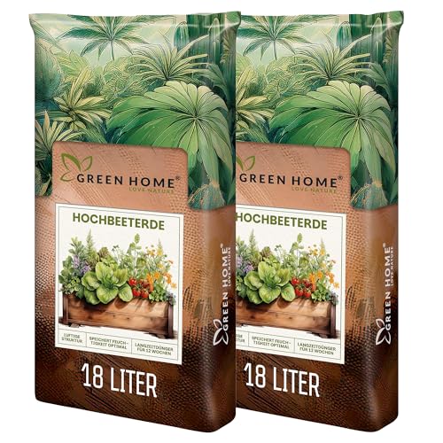 Green Home Hochbeeterde 36L - Hochbeet Erde mit Perliten, Kokosfasern, Rindenhumus & Weißtorf - gebrauchsfertige Erde für Gemüse, Kräuter und Hochbeet Grundfüllung - strukturstabile Gemüseerde von GREEN HOME LOVE NATURE