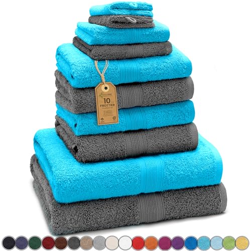 GREEN MARK Textilien 10 TLG. FROTTIER Handtuch-Set mit verschiedenen Größen 4X Handtücher, 2X Duschtücher, 2X Gästetücher, 2X Waschhandschuhe (10 TLG. FROTTIER Set, Anthrazit/Türkis) von GREEN MARK Textilien