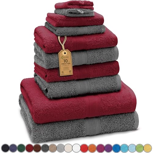 GREEN MARK Textilien 10 TLG. FROTTIER Handtuch-Set mit verschiedenen Größen 4X Handtücher, 2X Duschtücher, 2X Gästetücher, 2X Waschhandschuhe | Farbe: Anthrazit/Bordeaux | Premium Qualität von GREEN MARK Textilien