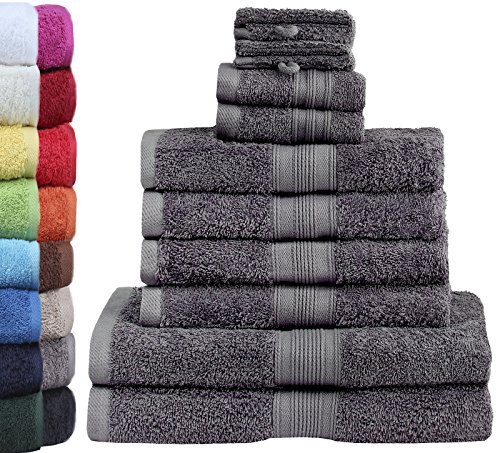 GREEN MARK Textilien 10 TLG. FROTTIER Handtuch-Set mit verschiedenen Größen 4X Handtücher, 2X Duschtücher, 2X Gästetücher, 2X Waschhandschuhe | Farbe: Anthrazit grau | Premium Qualität von GREEN MARK Textilien