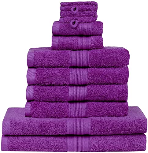 GREEN MARK Textilien 10 TLG. FROTTIER Handtuch-Set mit verschiedenen Größen 4X Handtücher, 2X Duschtücher, 2X Gästetücher, 2X Waschhandschuhe | Farbe: Lila | Premium Qualität von GREEN MARK Textilien
