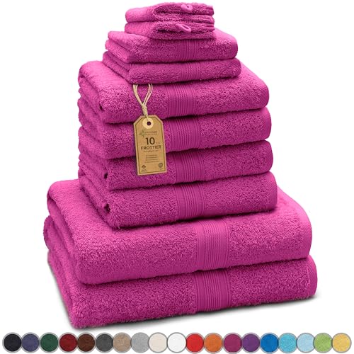 GREEN MARK Textilien 10 TLG. FROTTIER Handtuch-Set mit verschiedenen Größen 4X Handtücher, 2X Duschtücher, 2X Gästetücher, 2X Waschhandschuhe | Farbe: Pink | Premium Qualität von GREEN MARK Textilien