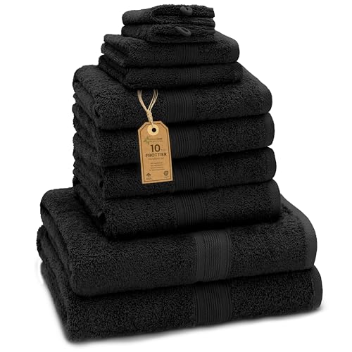 GREEN MARK Textilien 10 TLG. FROTTIER Handtuch-Set mit verschiedenen Größen 4X Handtücher, 2X Duschtücher, 2X Gästetücher, 2X Waschhandschuhe | Farbe: Schwarz | Premium Qualität von GREEN MARK Textilien