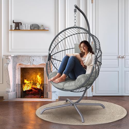 GREEN MORE Hängesessel mit Gestell, Rattan Korbweide Faltbare Hängesessel mit Ständer Dicke Kissen Möbel, 160KG Kapazität, für Outdoor Innenhof Garten Schlafzimmer, Grau von GREEN MORE