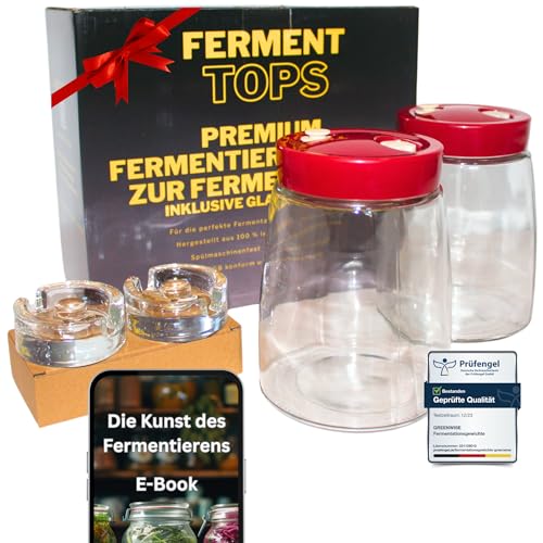 GREEN WISE Fermentierglas Set 2er – je 1,4 L mit Gärventil & Deckel – inkl. 2 Fermentiergewichte – Einmachgläser zum Fermentieren von Gemüse, Sauerkraut & Kimchi – luftdicht & lebensmittelecht von GREEN WISE