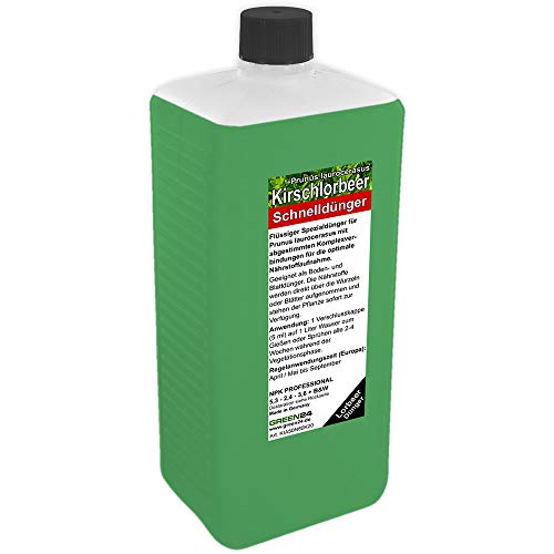 GREEN24 Kirschlorbeer Dünger XL Profi Linie 1 Ltr. zum düngen von vielen Prunus laurocerasus Pflanzen, HIGHTECH Flüssigdünger für Lorbeer Hecken und Kübel von GREEN24