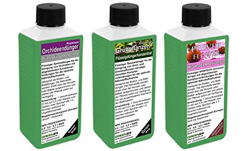 Zimmerparadies Dünger SET mit 3 Profi Flüssigdüngern für Grünpflanzen, Blütenpflanzen und Orchideen von GREEN24