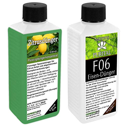 Zitrus Dünger SET mit extra Eisendünger - Citrus düngen, Premium Flüssigdünger aus der Profi Linie mit zusätzlichem Eisendünger im SET, NPK Volldünger für Zitruspflanzen Zitrus Dünger SET mit extra Eisendünger - Citrus düngen, Premium Flüssigdünger aus der Profi Linie mit zusätzlichem Eisendünger im SET, NPK Volldünger für Zitruspflanzen von GREEN24