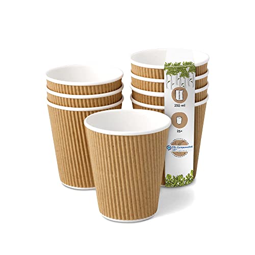 GREENBOX 25 Stück Riffelbecher To Go Pappbecher aus braunem Kraftkarton I Umweltfreundliche Kaffee Trinkbecher Einweg Bio unbedruckt 250 ml / 10 oz I 100% biologisch abbaubar, kompostierbar von GREENBOX