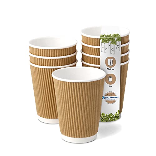 GREENBOX 25 Stück Riffelbecher To Go Pappbecher aus braunem Kraftkarton I Umweltfreundliche Kaffee Trinkbecher Einweg Bio unbedruckt 300 ml / 12 oz I 100% biologisch abbaubar, kompostierbar von GREENBOX