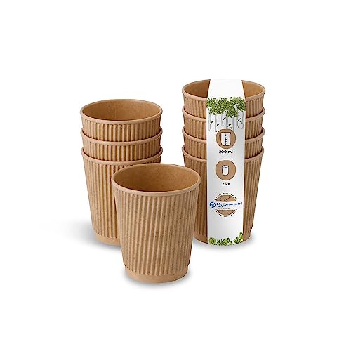 GREENBOX 25 Stück Riffelbecher To Go Pappbecher aus braunem Kraftkarton ungebleicht I Umweltfreundliche Kaffee Trinkbecher Einweg Bio unbedruckt 200 ml, 8 oz I 100% biologisch abbaubar, kompostierbar von GREENBOX