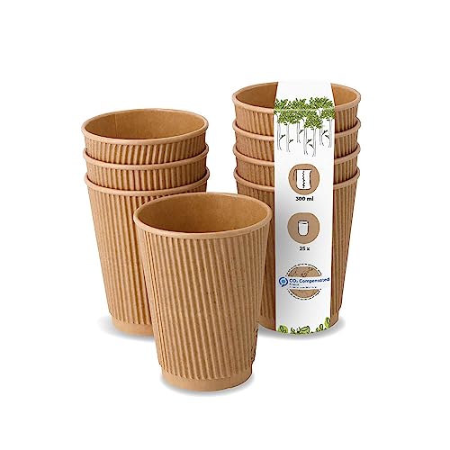 GREENBOX 25 Stück Riffelbecher To Go Pappbecher aus braunem Kraftkarton ungebleicht I Umweltfreundliche Kaffee Trinkbecher Einweg Bio unbedruckt 300 ml, 12 oz I 100% biologisch abbaubar, kompostierbar von GREENBOX