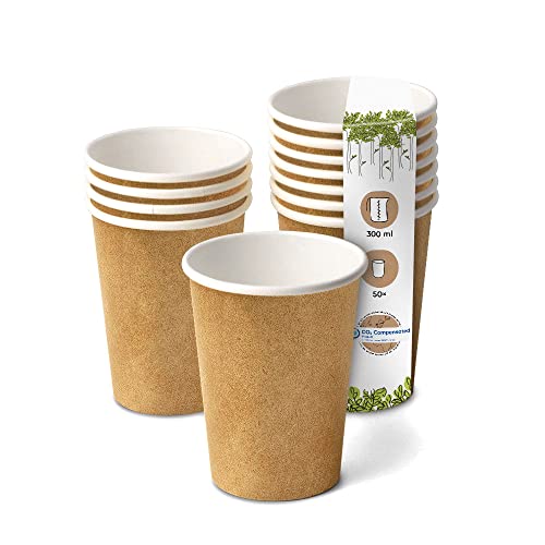 GREENBOX 50 Stück Karton Einwand Kaffee Trinkbecher Einweg Bio I Stück To Go Pappbecher innen weiß, Außenwand braun 300 ml / 12 oz I 100% biologisch abbaubar, zertifiziert kompostierbar von GREENBOX